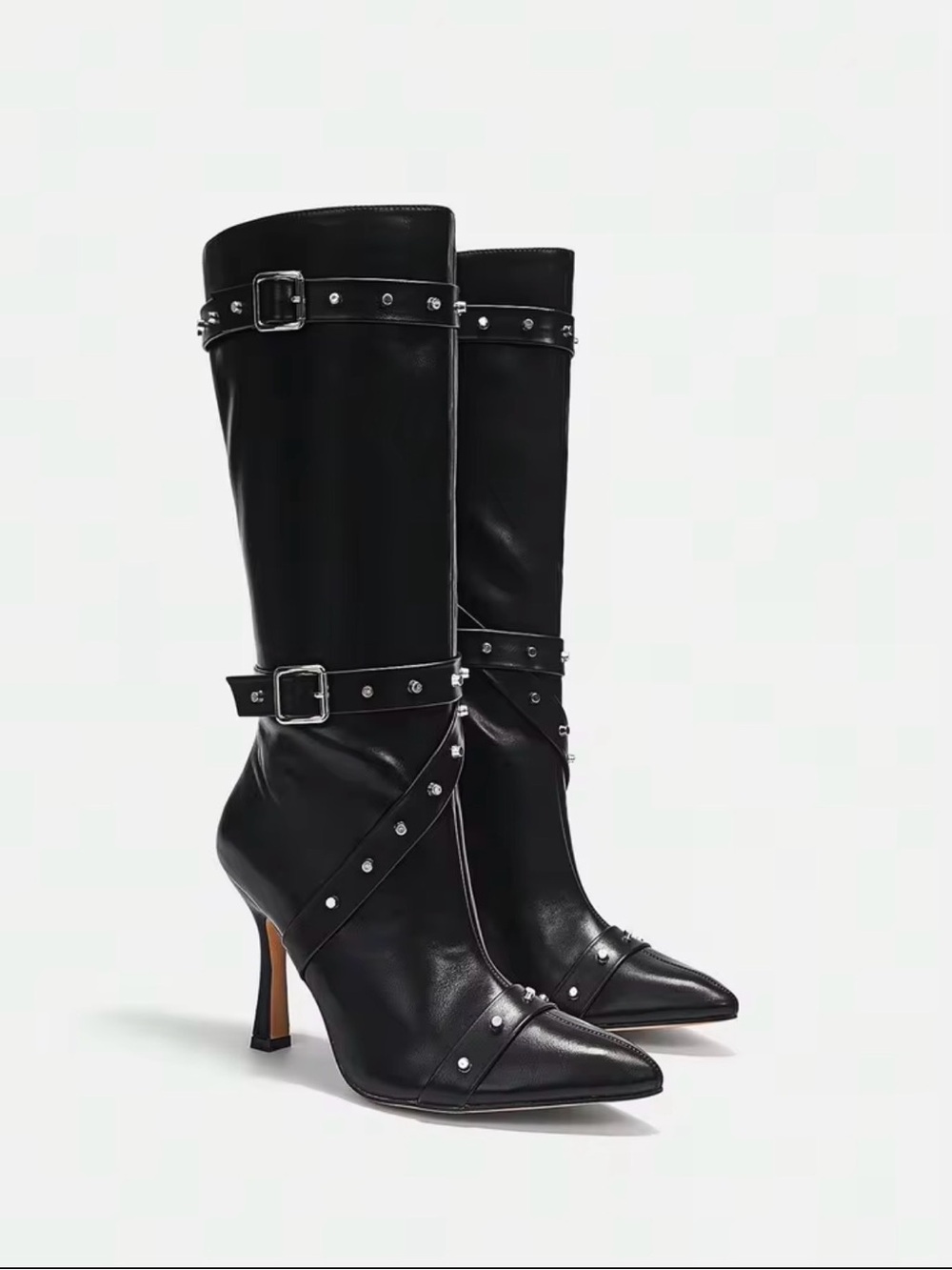 Studded Black PU Leather High-Heel Knee Boots